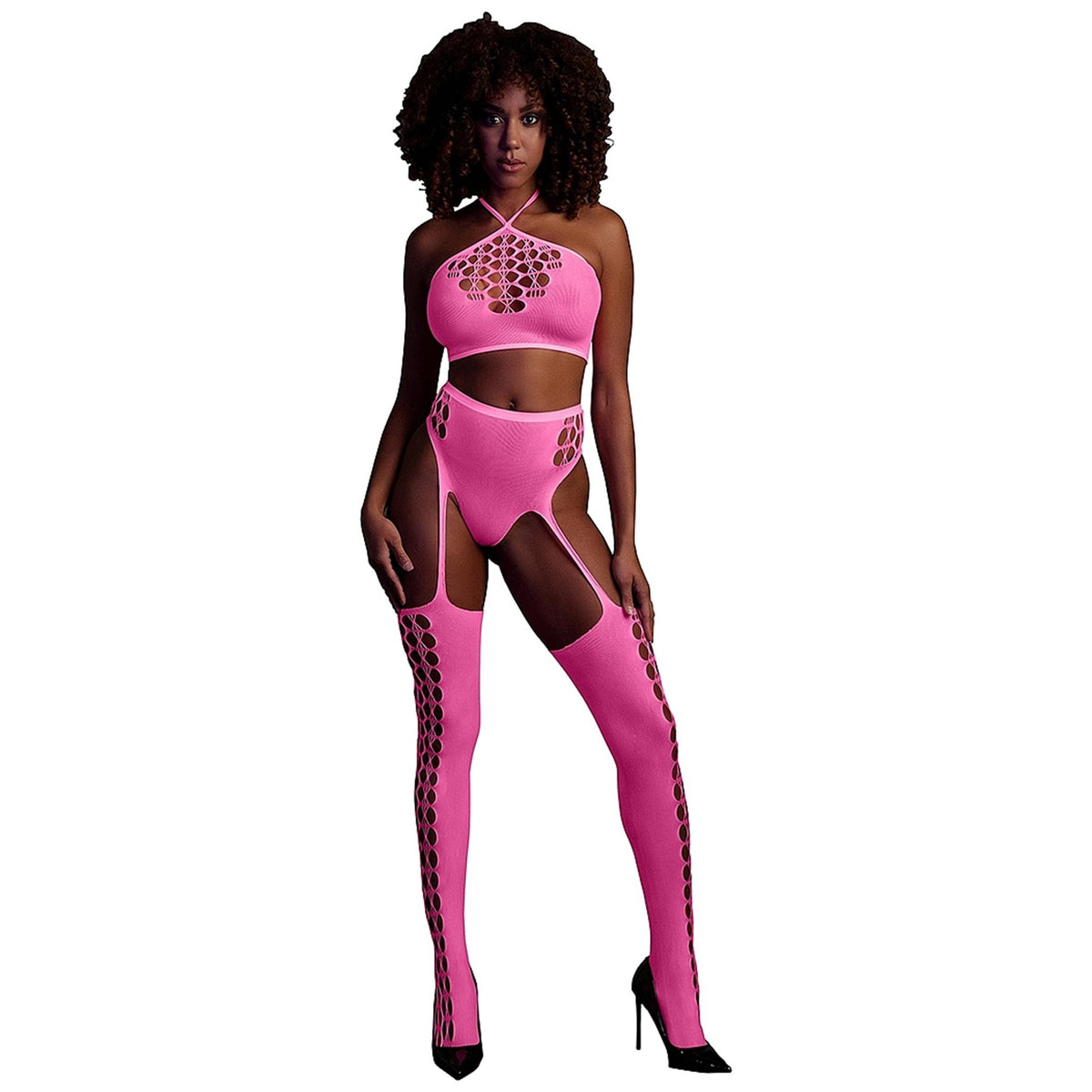 Glow In The Dark Two Piece With Crop Top And Stockings