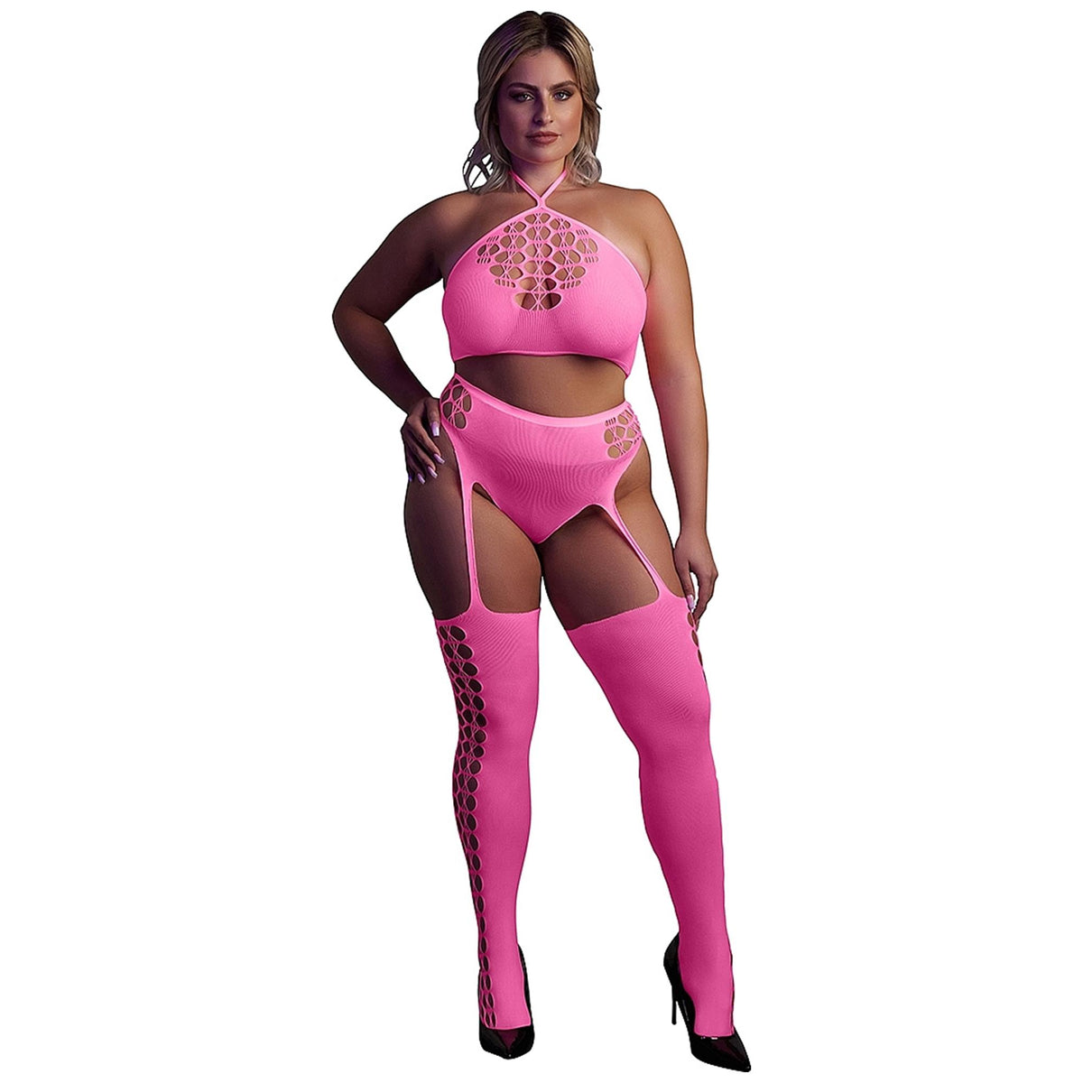 Glow In The Dark Two Piece With Crop Top And Stockings