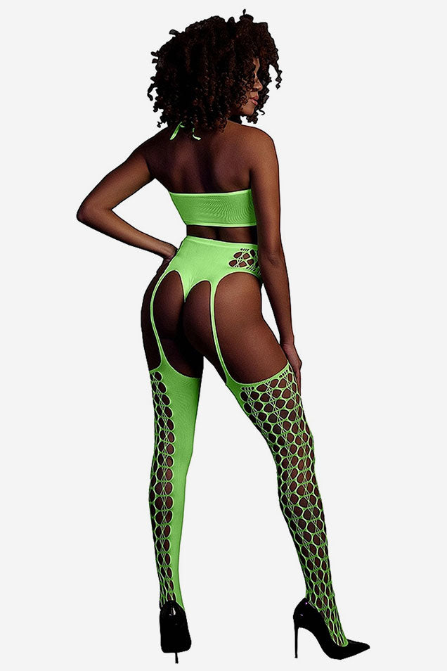 Glow In The Dark Two Piece With Crop Top And Stockings